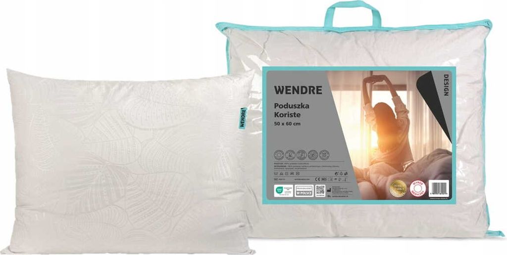 A pillow is shown next to its packaging, which features a lifestyle image of a person stretching in bed.