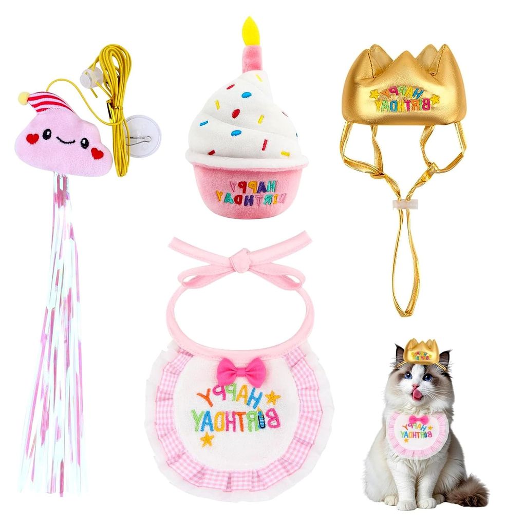 Fotodeko Set für Katzengeburtstage - 4-teilig mit Krone, Lätzchen, Quietschkuchen und Türangel Spielzeug für Fotosessions und Geburtstagsfeiern