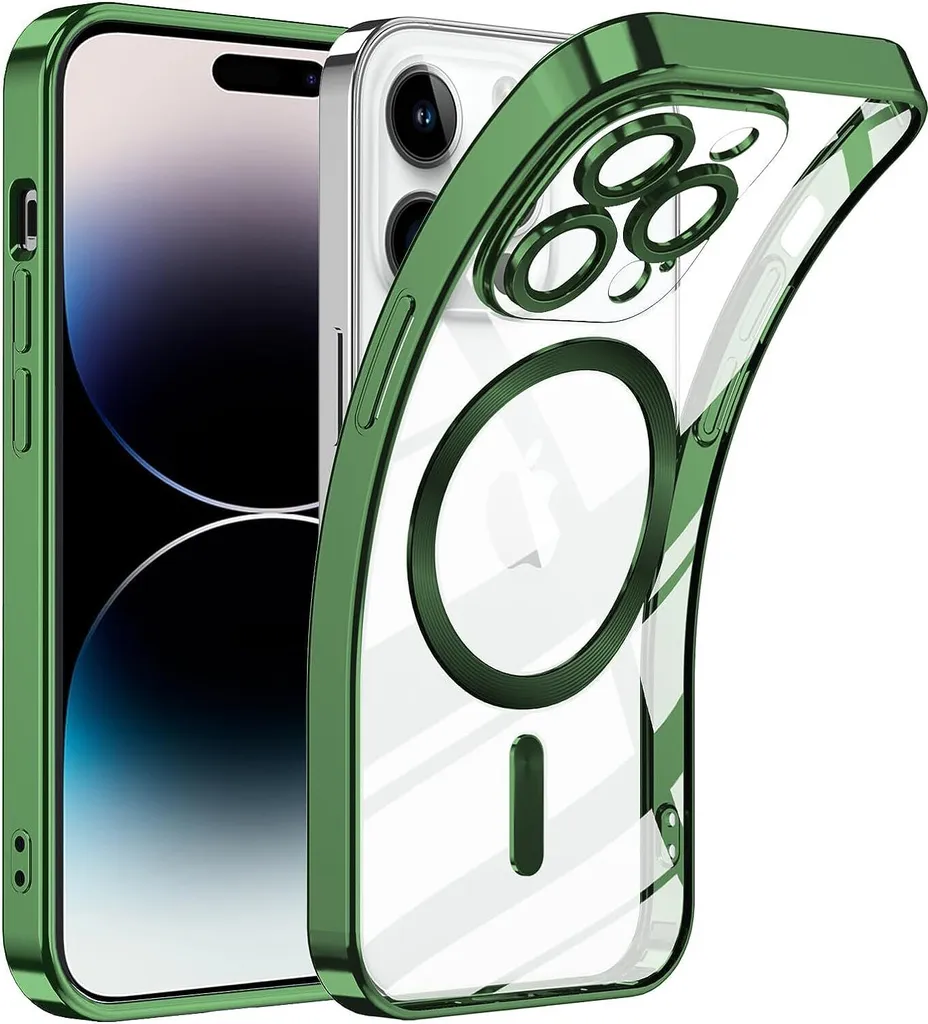 Cover MagSafe iPhone 15 Pro Max Trasparente Verde con Protezione Camera