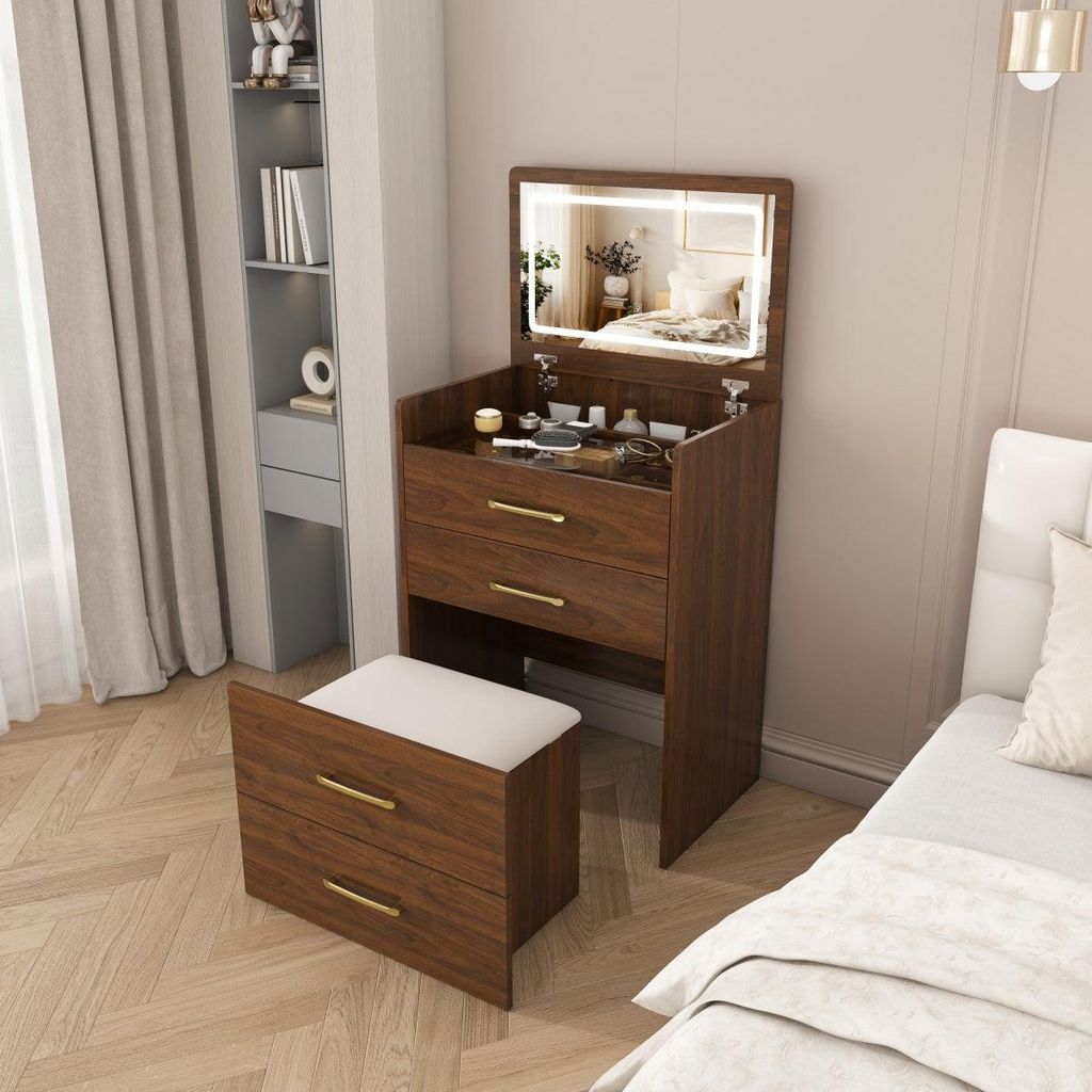 3-in-1 Schminktisch mit offenem Spiegel Glasplatte Walnut Produktbild 