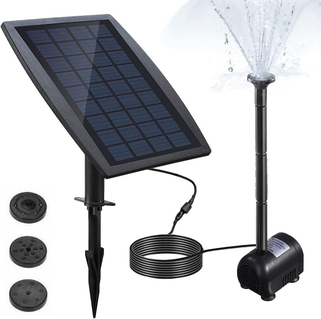 A solar-powered fountain pump kit with a solar panel and multiple nozzle attachments.