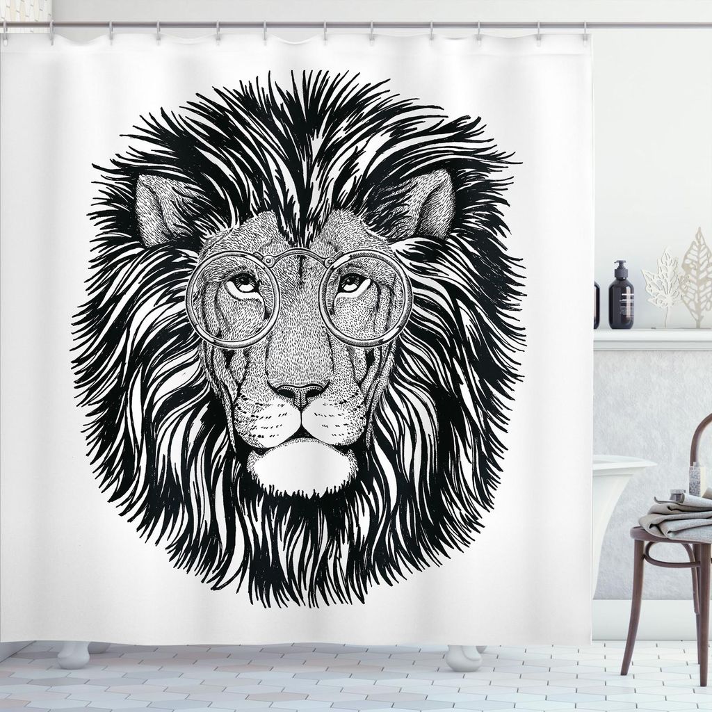 ABAKUHAUS Indie Duschvorhang, Wilder Hippie-Löwe mit Gläser-kluger großer Katze Clever Intelligent Animal Portrait, 175 x 180 cm, Schwarz ...