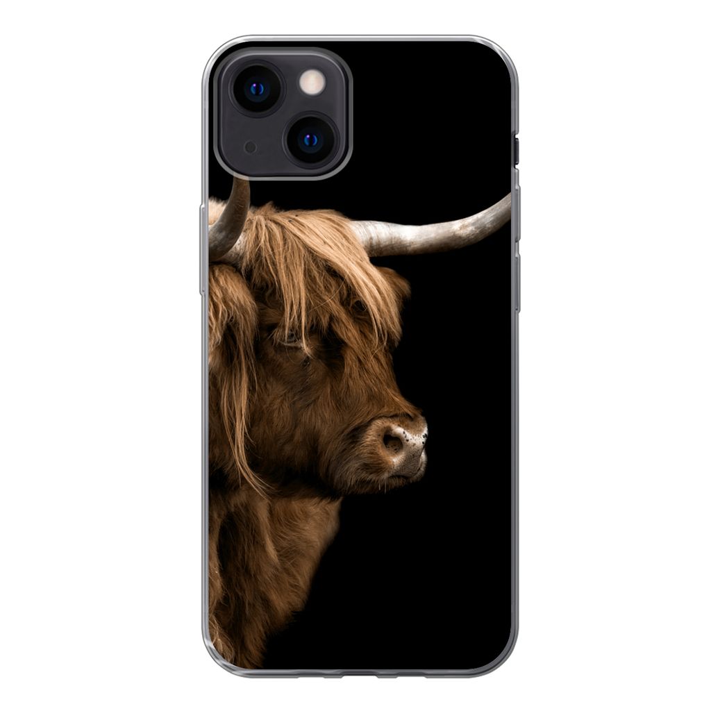 MuchoWow Handyhülle Schutzhülle Hülle für iPhone 13 Schottischer Highlander - Kuh - Schwarz Silikon Softcase Handy Hülle - Karteninhaber