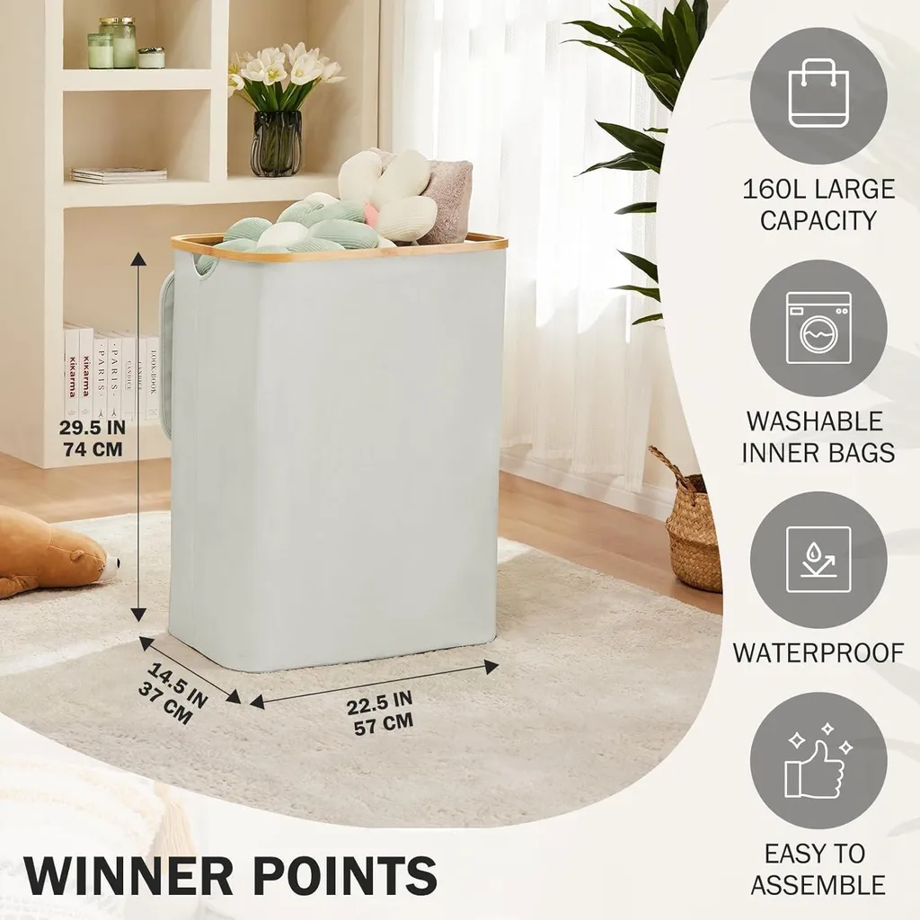 Coffre à Linge Triple Compartiment 160L Gris - Bac de Tri Pliable - 2
