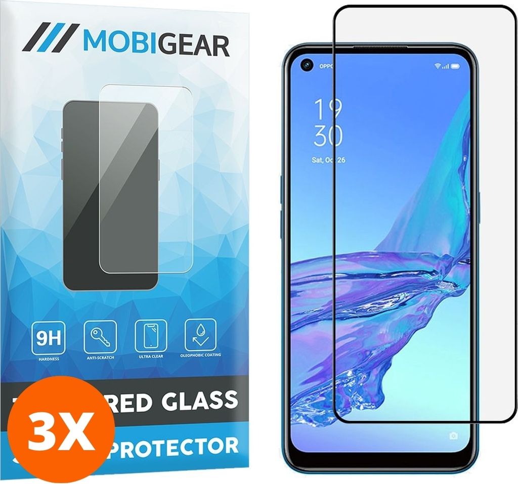 Mobigear Premium 9.98 OPPO A53 Panzerglas Gehärtetes Glas Displayschutz - Hüllenfreundlich - Schwarz (3er Pack)