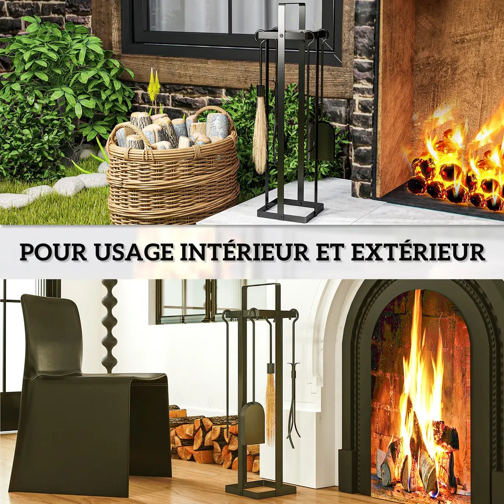 Serviteur de cheminée design noir avec support et 4 outils indispensables