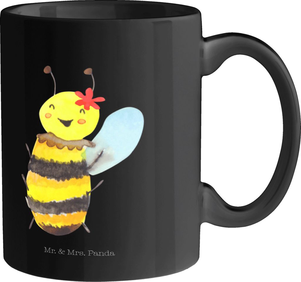 Mr. & Mrs. Panda Teetasse Biene Happy - Schwarz - Geschenk, Hummel, kaffeebecher keramik, Kaffeepott, Trinkbecher, Tasse