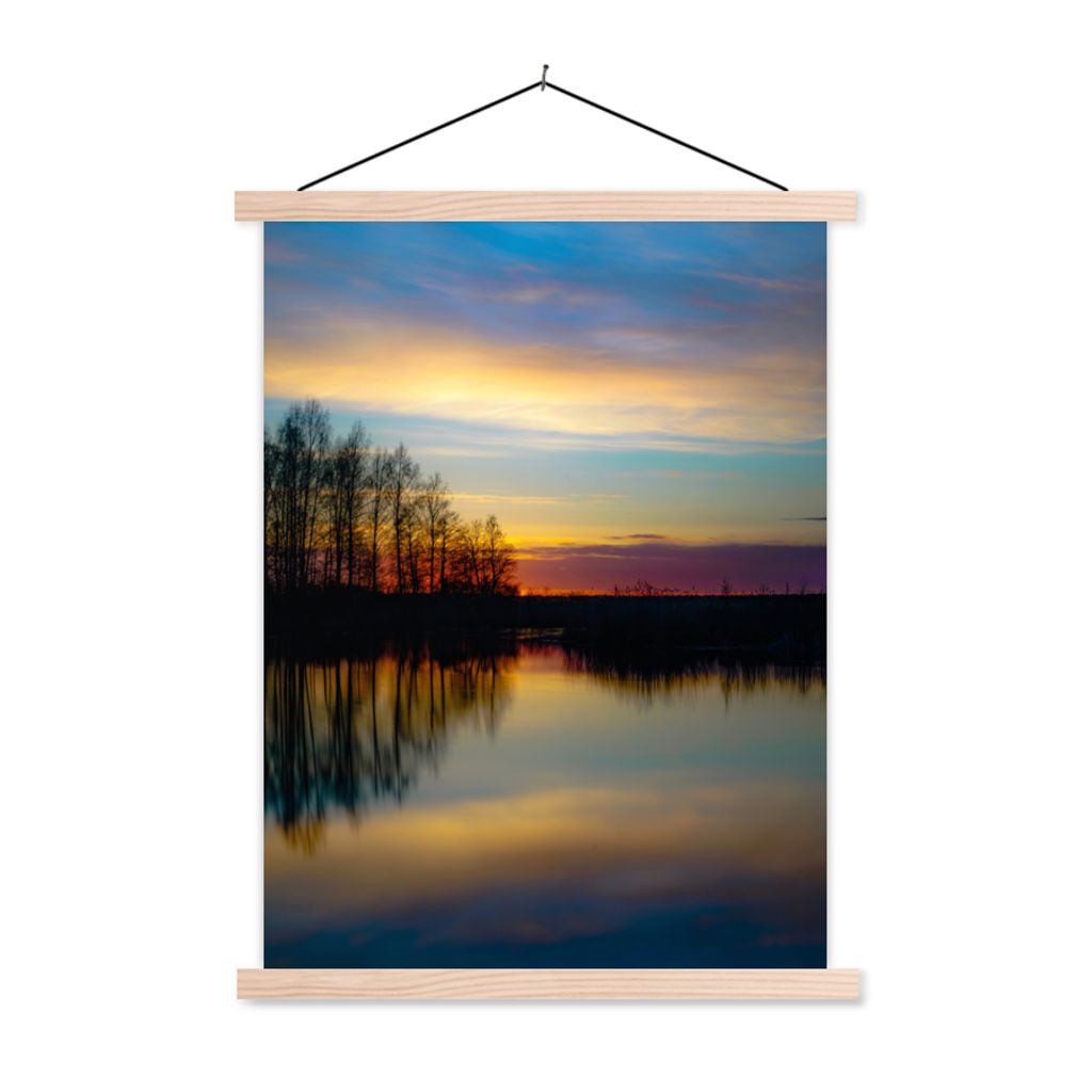 MuchoWow Textilposter Wasser - See - Bäume - Sonnenuntergang - Natur 120x160 cm mit holzfarbenen Rahmen - Plakatkarton