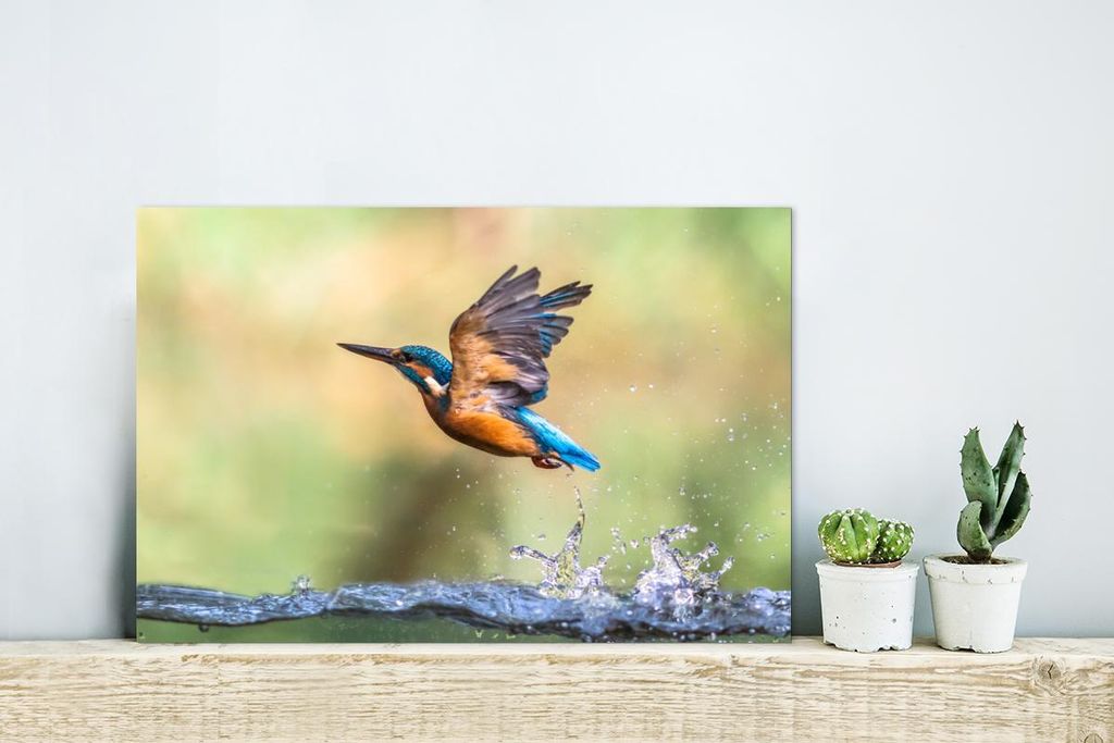 MuchoWow Wanddekoration Metall Metallbild Wandkunst 30x20 cm Eisvogel - Wasser - Fliegen MuchoWow Aluminium Gemälde - Aluminiumgemälder