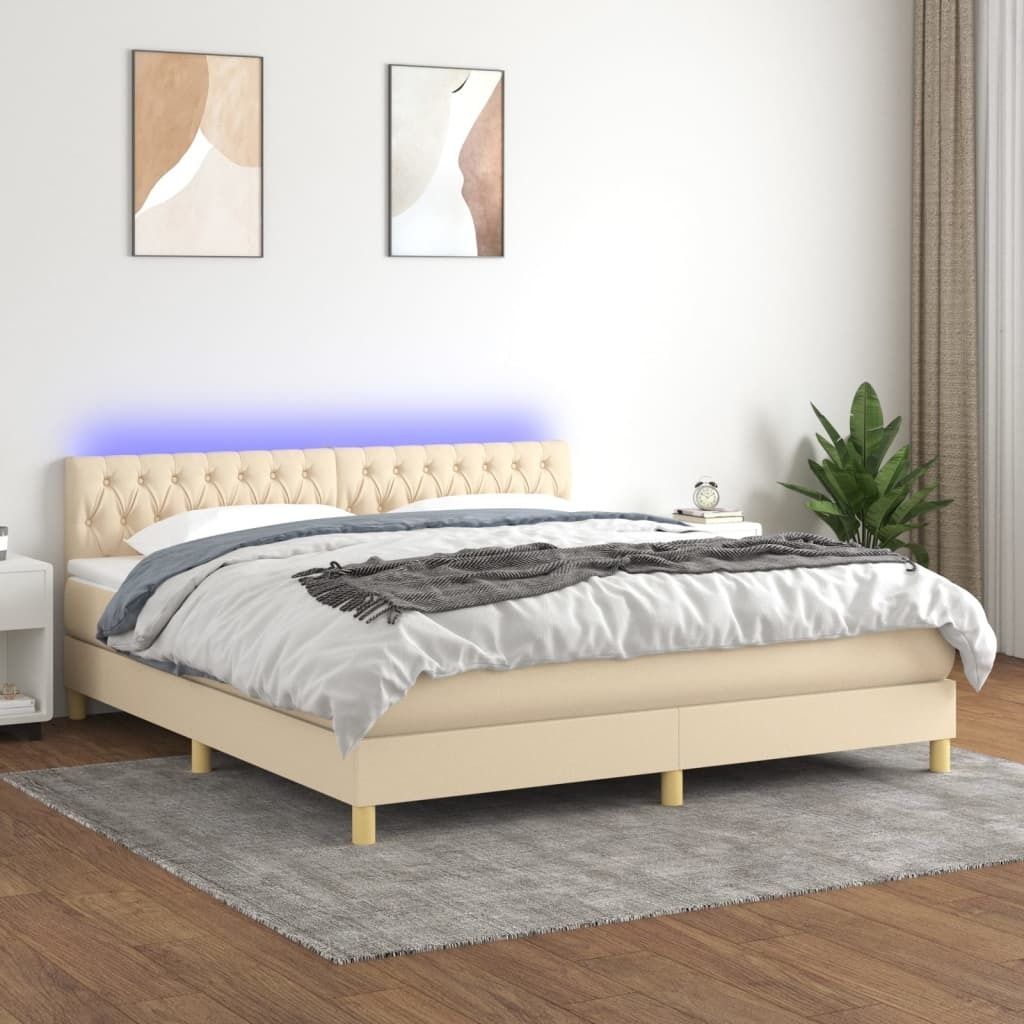 The Living Store Boxspringbett mit Matratze & LED Creme 180x200 cm Stoff