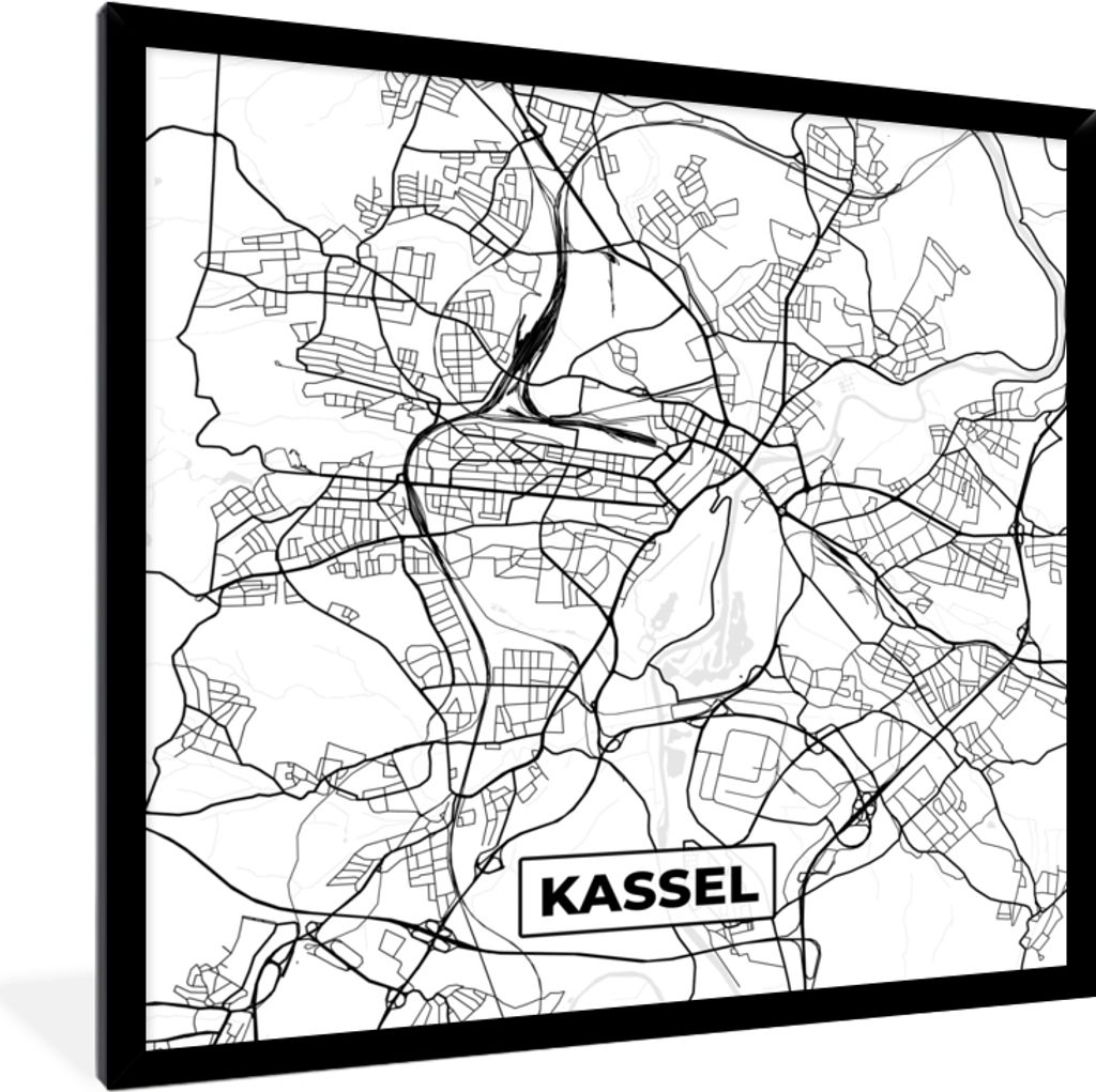 MuchoWow Gerahmtes Poster Kassel - Karte - Stadtplan 40x40 cm - Poster mit Schwarzem Bilderrahmen Wandposter Rahmen Foto Bilder - Mit Rahmen - Wa...