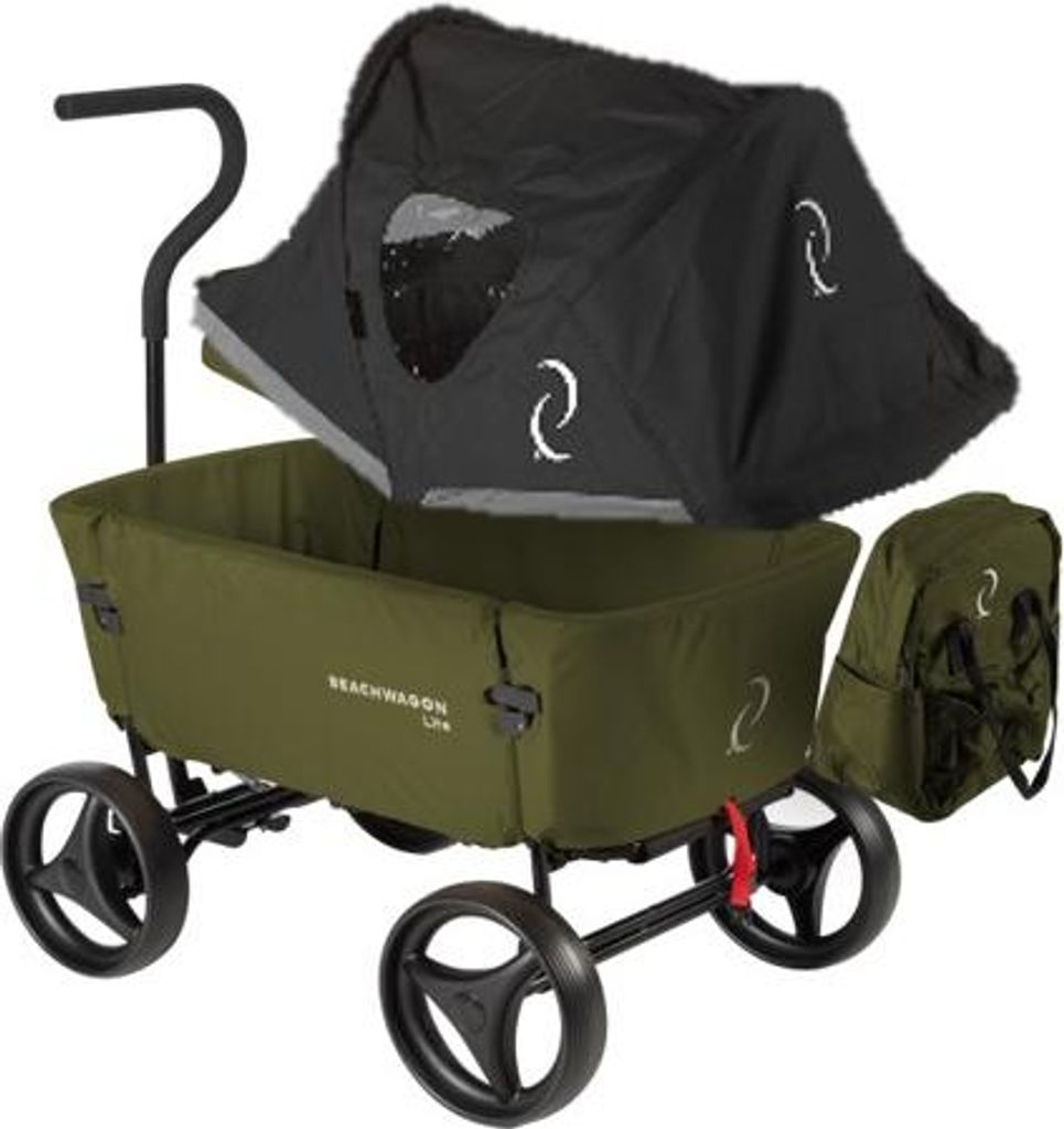 Beach Wagon Bollerwagen LITE, Inklusive Verdeck und Rucksack, Faltbarer Handwagen bis 80 kg belastbar, Gartenwagen, Strandwagen - Khakigrün