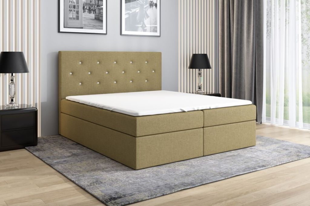 Boxspringbett REGIN 140 x 200 mit 2 Bettkästen, Bonell-Matratze und Topper. Farbe: Hellbraun