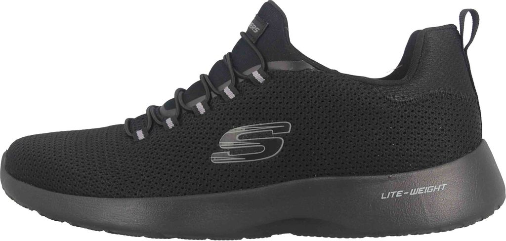 A side view of a black Skechers sneaker against a white background.