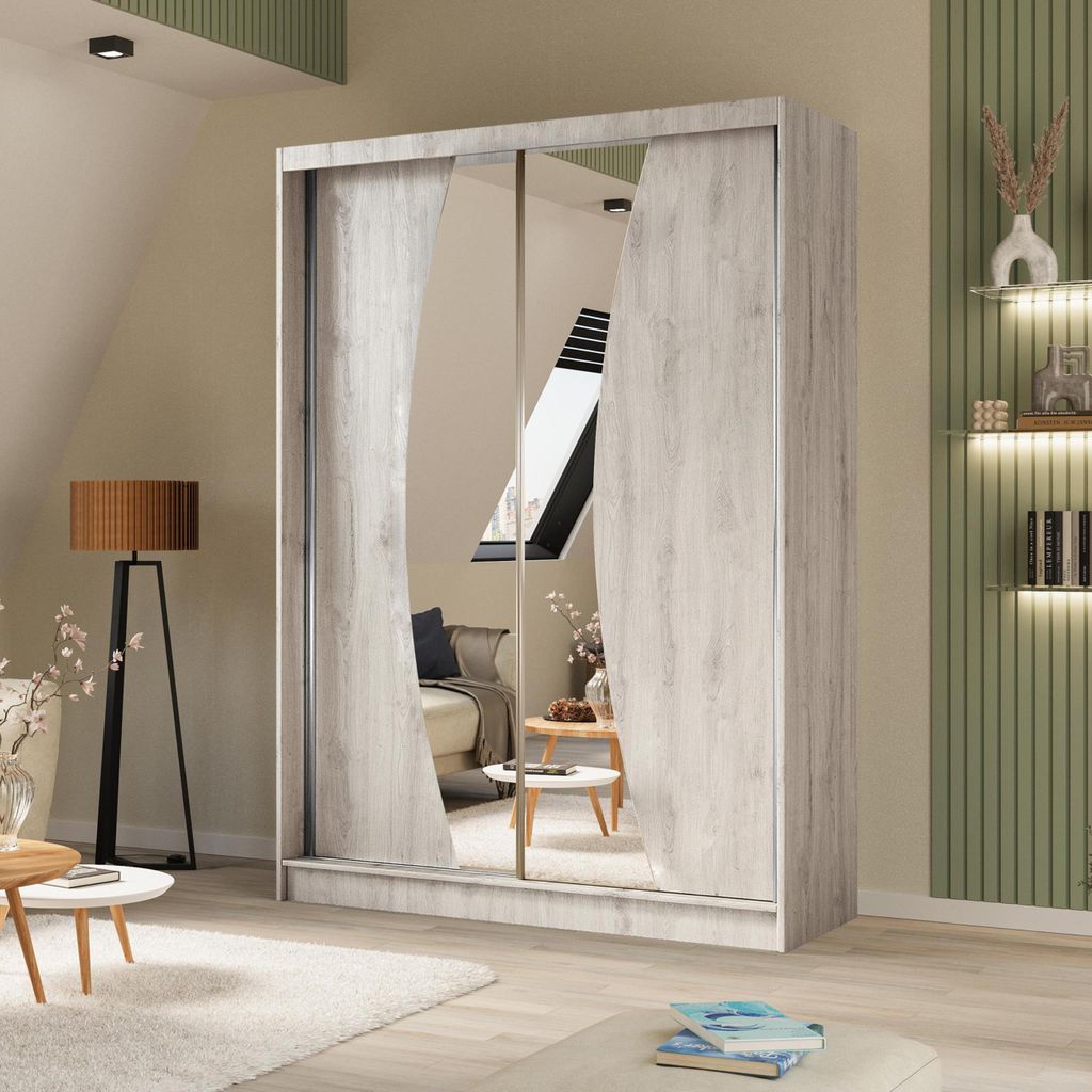 Schiebetürenschrank 150 cm Flow mit dekorativem Spiegel Kleiderschrank mit Schiebetüren und Spiegel in Farbe Eiche Sonoma Moderner Kleiderschrank...