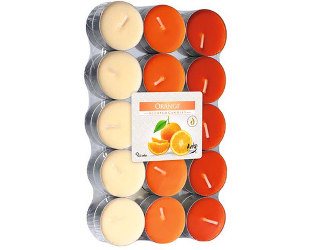 A package of 30 orange-scented tea lights.