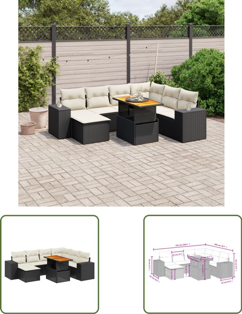 The Living Store 8-tlg. Garten-Sofagarnitur mit Kissen Schwarz Poly Rattan