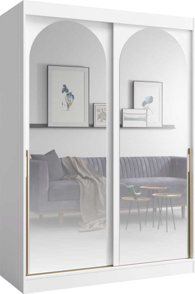 Albello Kleiderschrank CLASSY Weiß Gold 150x65x215 cm mit Spiegel & Schiebetüren – Schrank mit 5 Fächern, Kleiderstange, für Schlafzimmer & Flur