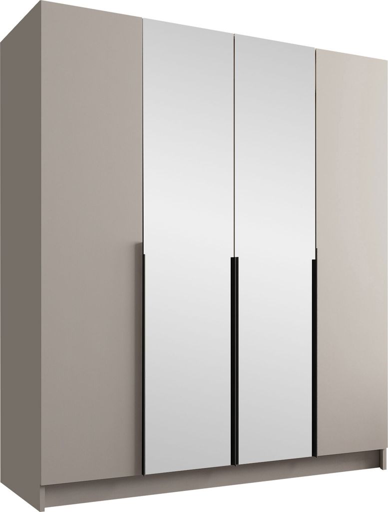 A modern wardrobe with mirrored doors and black handles.