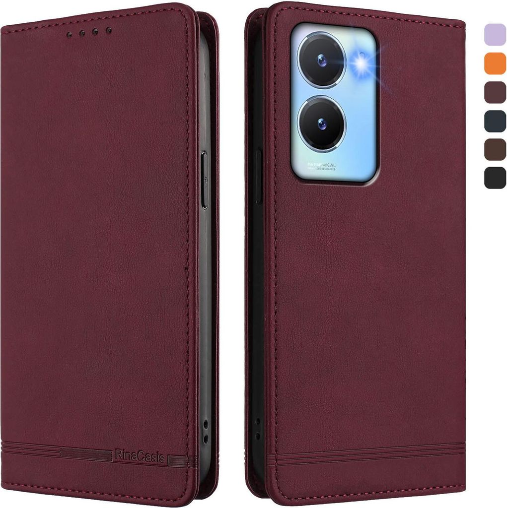 Hülle für Vivo Y56 5G, Retro Kunstleder Ständer Klapphülle mit Kartenfächer und Magnetische Rot