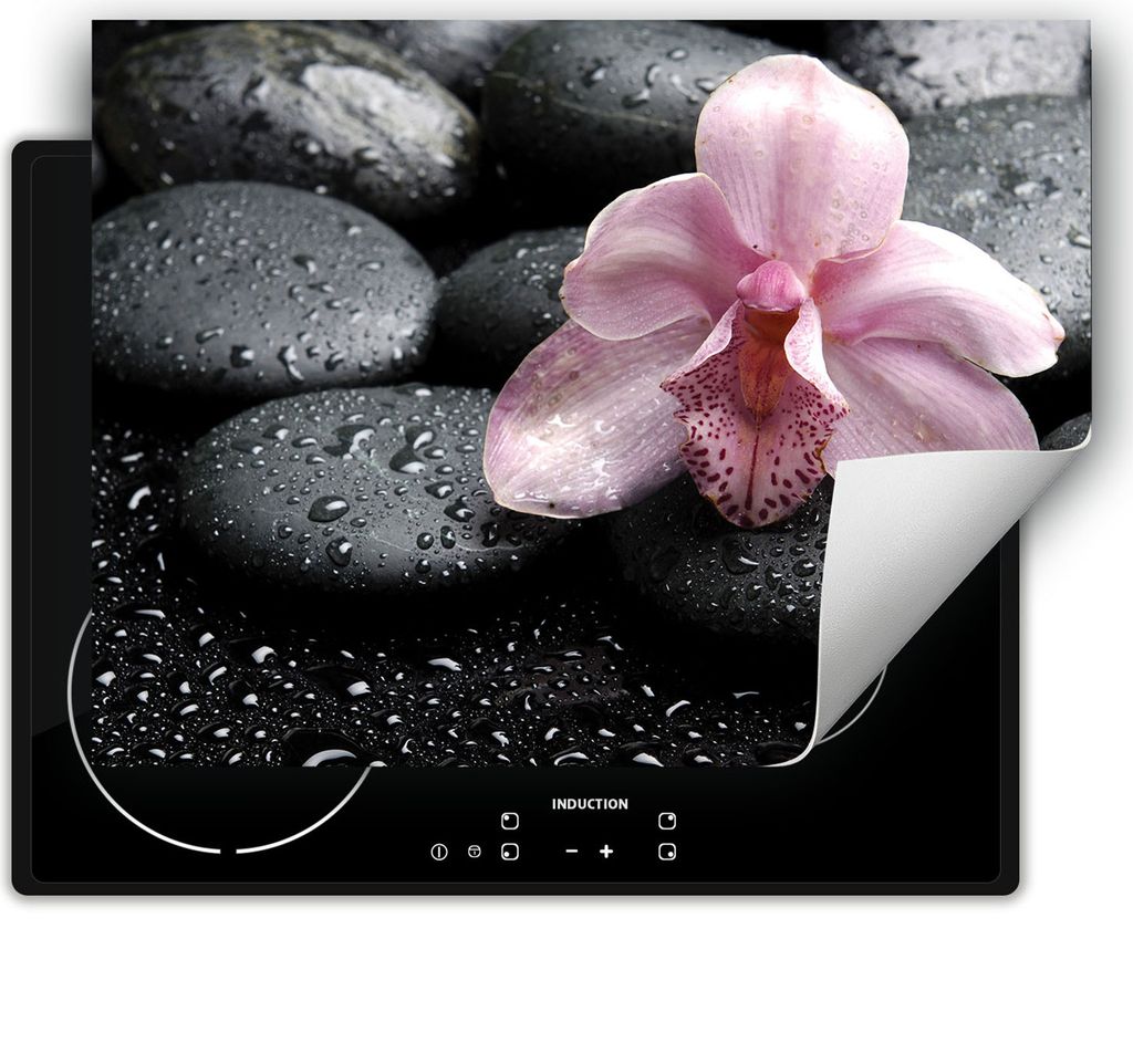DarHaus Herdabdeckplatte 70x52 cm Anti Rutsch Matte Aufrollbar, schwarz - Tropfen - Blume