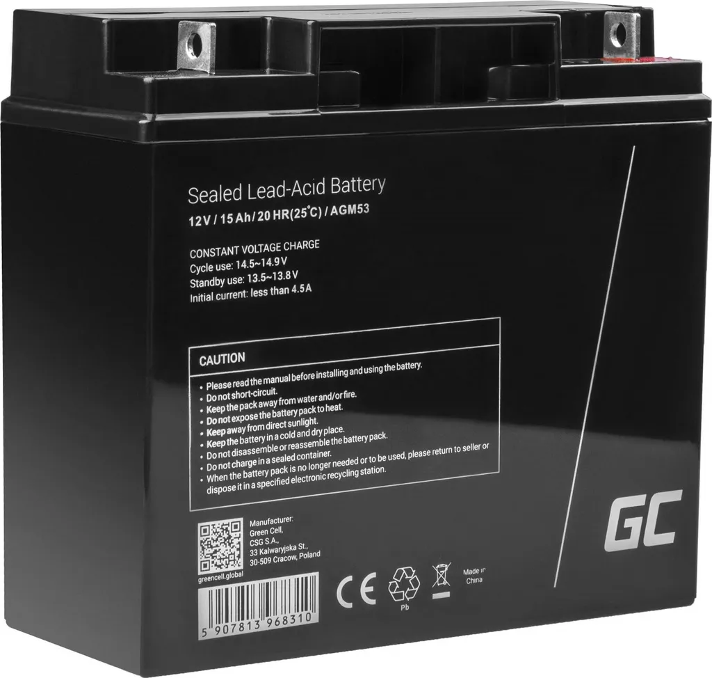 Batterie Plomb Étanche AGM 12V 15Ah Green Cell pour Onduleur et Alarme