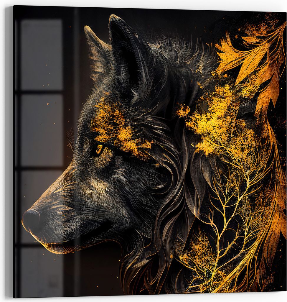 DEQOART Glasbild Echtglas 30x30 cm 'Goldener Wolfsblick' Wandbild Bild modern Deko