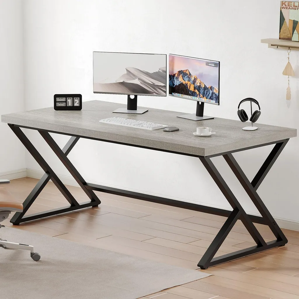 Bureau pour télétravail gris avec support écran - Poste informatique PC