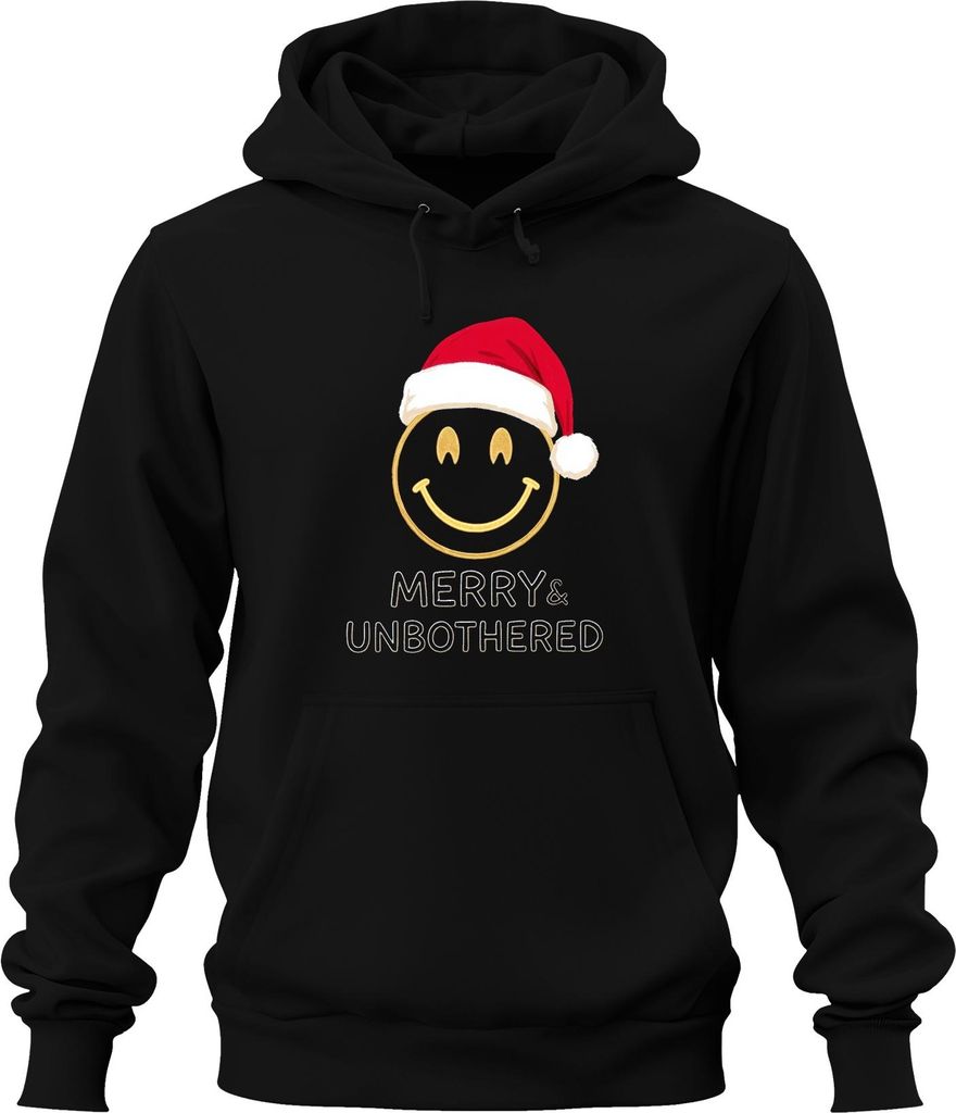 Merry & Unbothered Weihnachten Smiley Gold Santa Hut lustig Uni Hoodie Kapuzenpullover, Schwarz, L