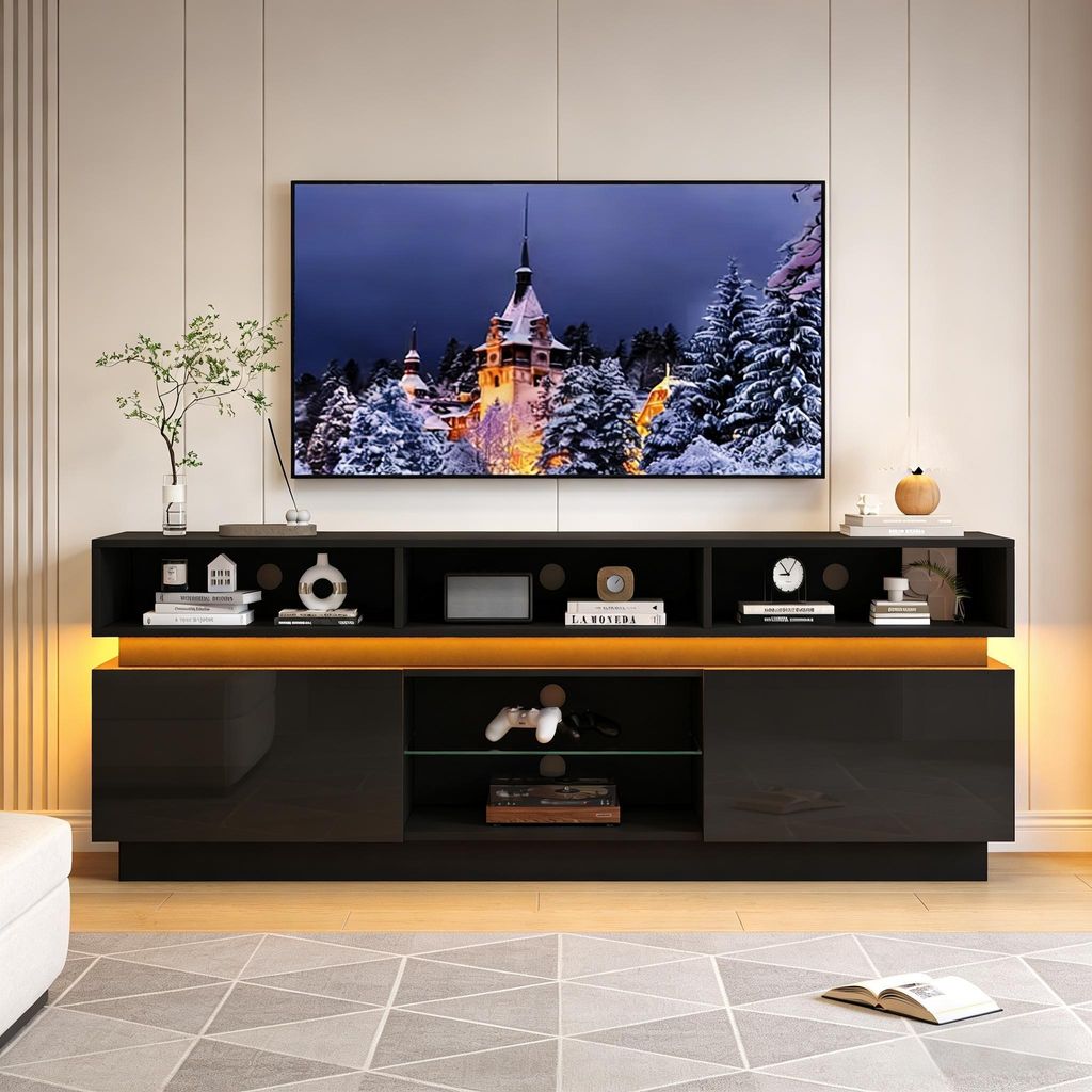 Merax TV-Schrank mit 4 Ebenen und 10 Staufächer, TV-Lowboard aus gehärtetes Glas, LED-Wohnzimmerschrank für Fernseher bis 60 Zoll, Hochglanz Sch...