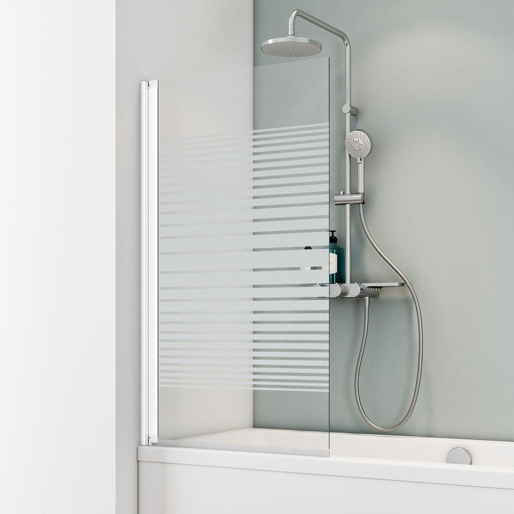 1-teiliger Badewannenaufsatz aus Glas mit Streifendekor und weißem Profil auf Badewanne im Bad