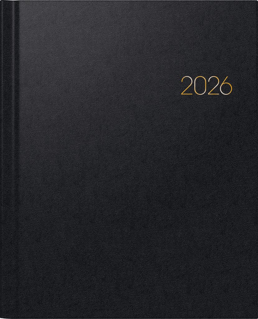 A black planner with the year 2026 printed in gold.