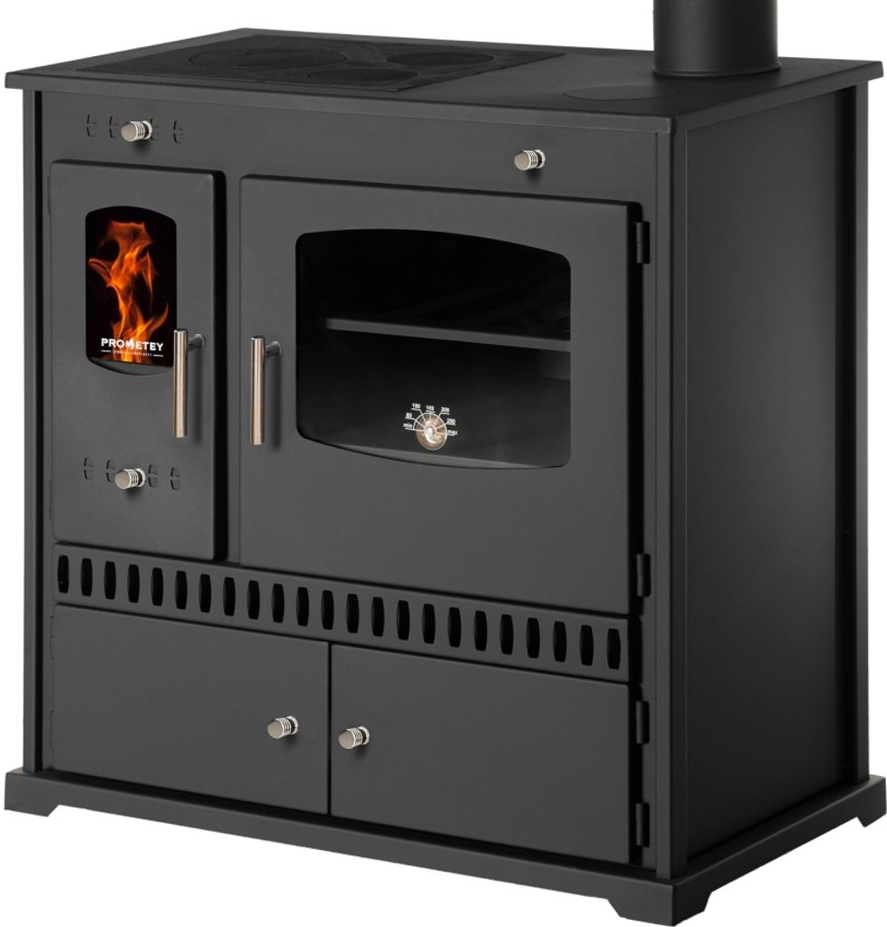 A black wood-burning stove with a glass oven door and a visible flame in a smaller compartment.