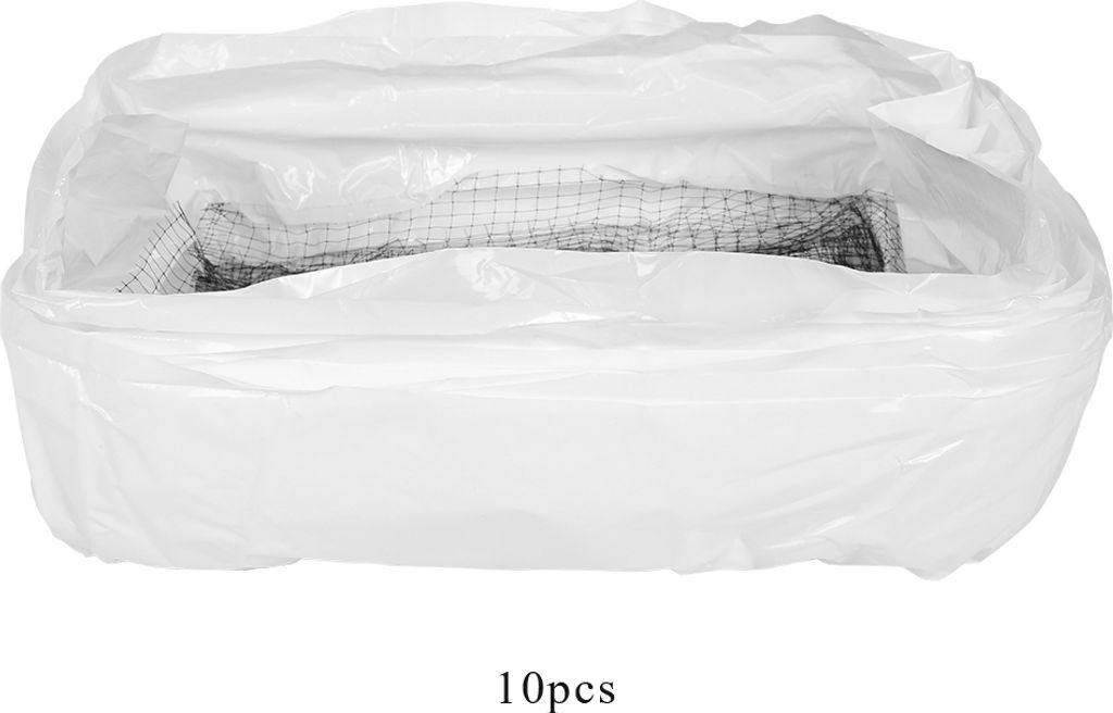 A white plastic bag containing a black mesh net.