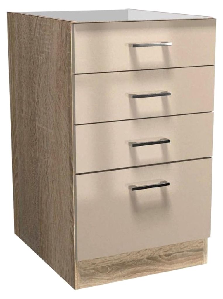 Schubkastenschrank 50 cm Kaschmir Glanz – Küchenunterschrank ohne Arbeitsplatte – 3 Schubkästen & 1 Auszug – Sonoma Eiche Korpus