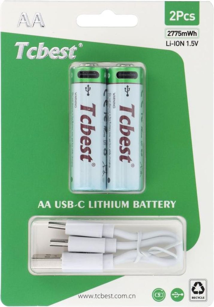 TCBEST wiederaufladbare Batterie R6 (AA) 1850 mAh mit Buchse Typ C + Kabel USB A auf 2 x Typ C 2 Stück