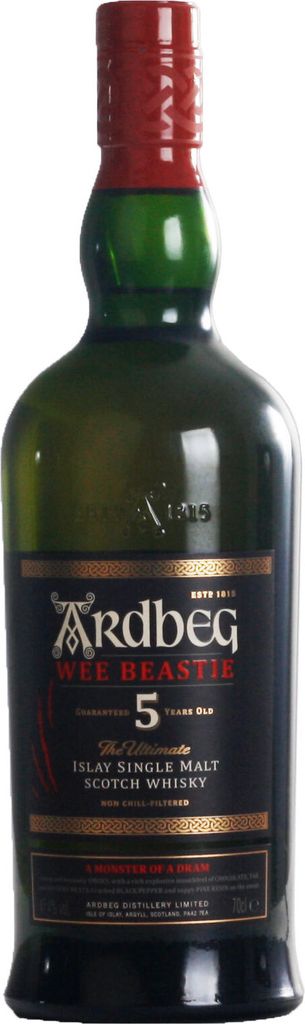 A bottle of Ardbeg Wee Beastie 5 Year Old Islay Single Malt Scotch Whisky.