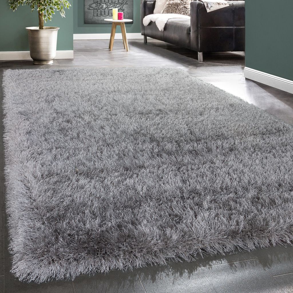 Hochflor Teppich Wohnzimmer Schlafzimmer Shaggy Einfarbig Flauschig Modern Grau Grösse 60x100 cm
