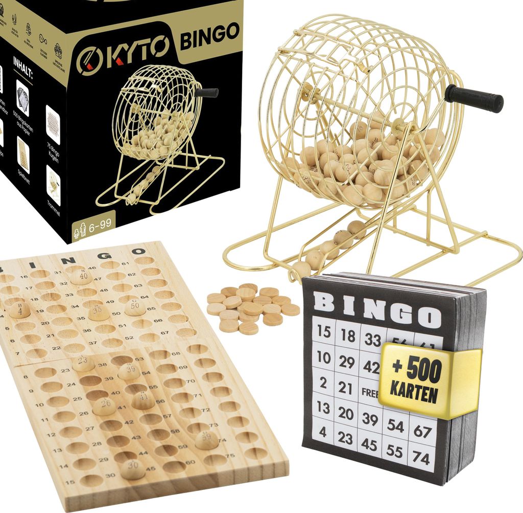 A collection of bingo game components including a bingo cage, balls, bingo cards, and a wooden bingo board.