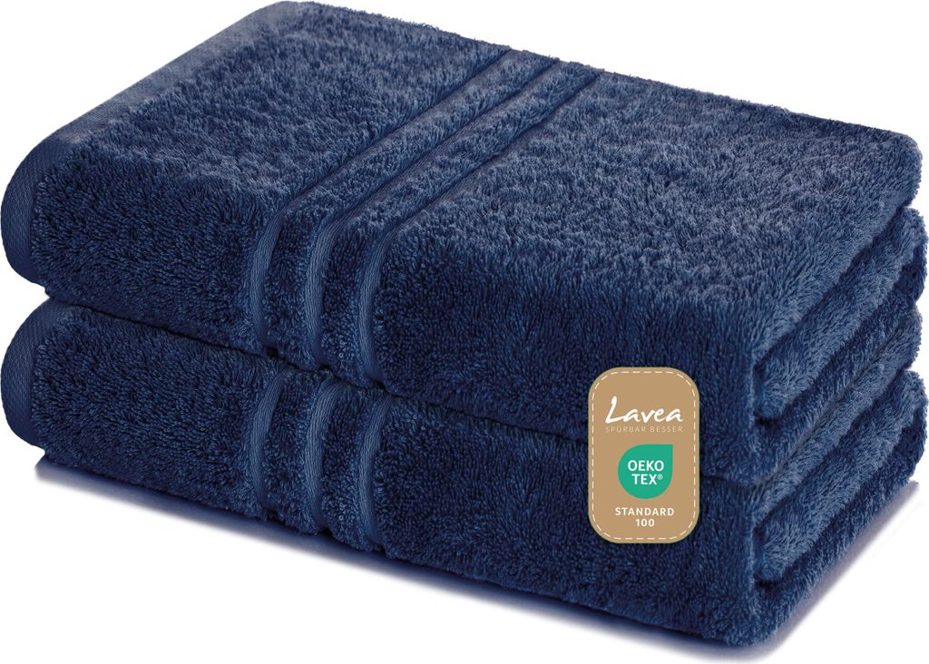 Lavea 2er Set Saunatuch 80x200 cm, XXL Badetuch, 100% Baumwolle Frottier, saugstark, pflegeleicht 60°C, Elena, Navy