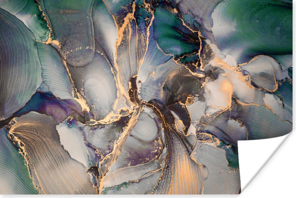 MuchoWow Poster Gold - Blau - Marmor 90x60 cm - Schlafzimmer