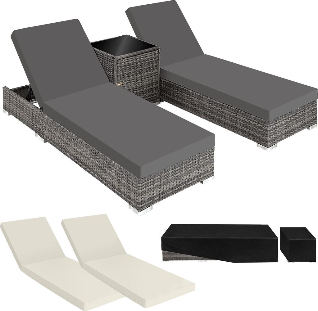 tectake 2er Set Aluminium Rattan Sonnenliegen inkl. Tisch - verstellbare Rückenlehne - Polsterüberzug Beige/Grau