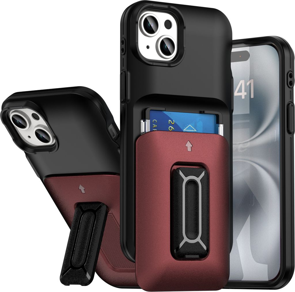 Kartenhalter Handyhülle für iPhone 15 Plus / 14 Plus, Weiches TPU Brieftasche, Heavy Duty Ständer Hülle Rot