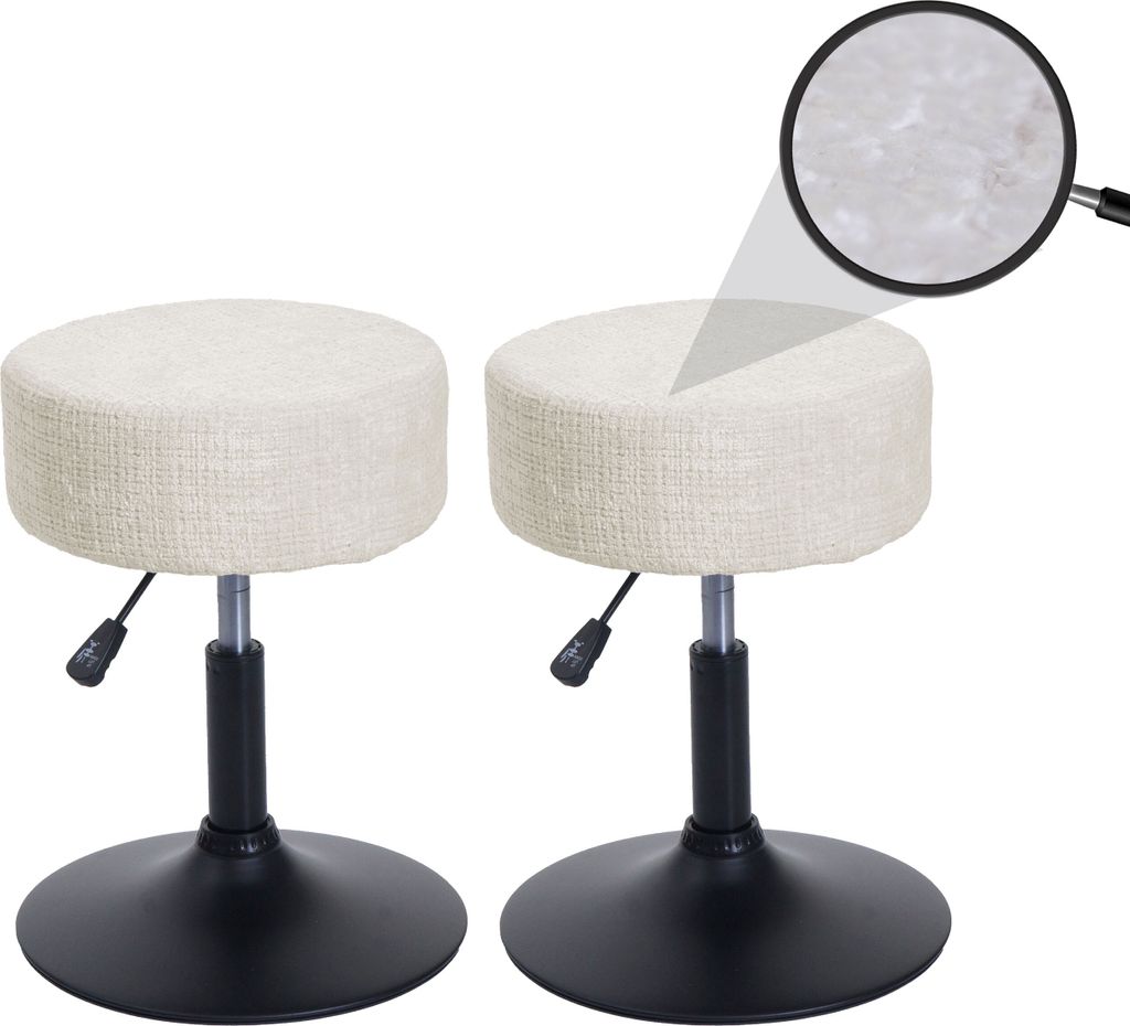 2er-Set Hocker HWC-C22, Sitzhocker, höhenverstellbar drehbar Ø 37cm Stoff Chenille (465g/m²) creme-weiß