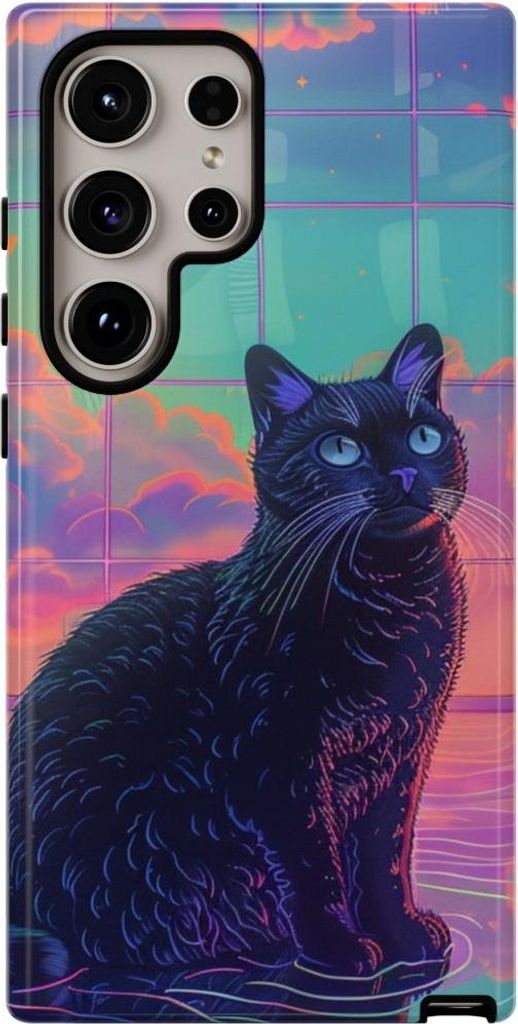Schwarze Katze mit Neon-Akzenten und farbenfrohem Himmelsreflex – Hülle Kompatibel mit Samsung Galaxy S24 Ultra