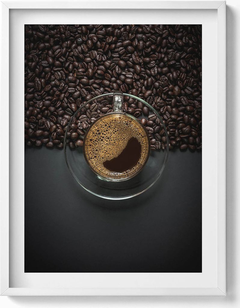 Kaffee und Bohnen– Wandbild mit Rahmen – Gerahmtes Bild – Wanddekoration – 60x80 cm – Weiß Rahmen