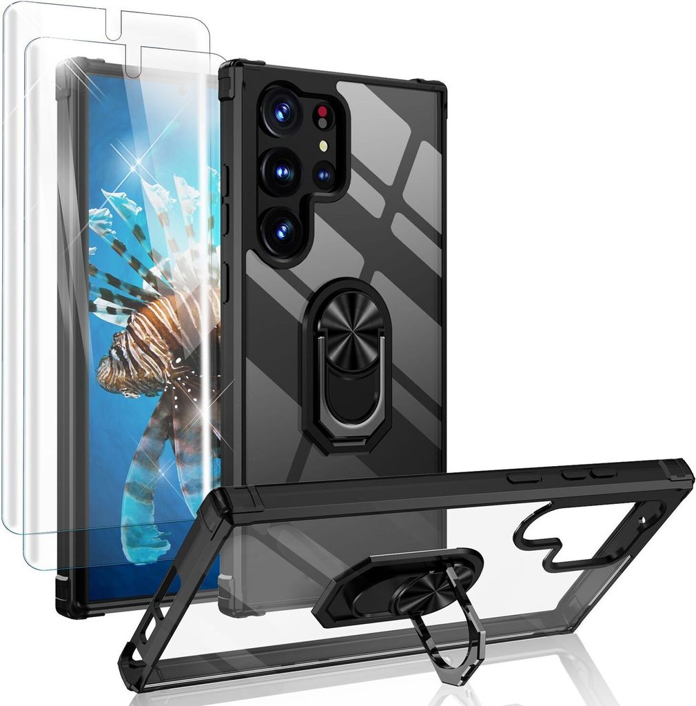 Klare Ring Hülle für Samsung Galaxy S23 Ultra, 2x Displayschutz Folie, Schwarz