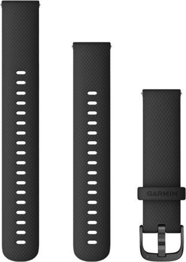 Three black watch straps of varying lengths, laid out side-by-side on a white background. The strap on the right has a buckle and the Garmin logo visible.