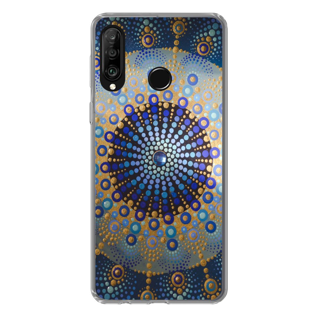 MuchoWow Handyhülle Schutzhülle Hülle für Huawei P30 Lite Kreis - Mandala - Blau - Gelb Silikon Softcase Handy Hülle - Handyhülle