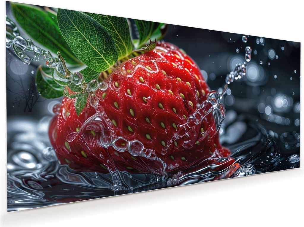 Glasbild 80x40cm in XXL für Wohnzimmer, Schlafzimmer Motiv Erdbeere im Wasser
